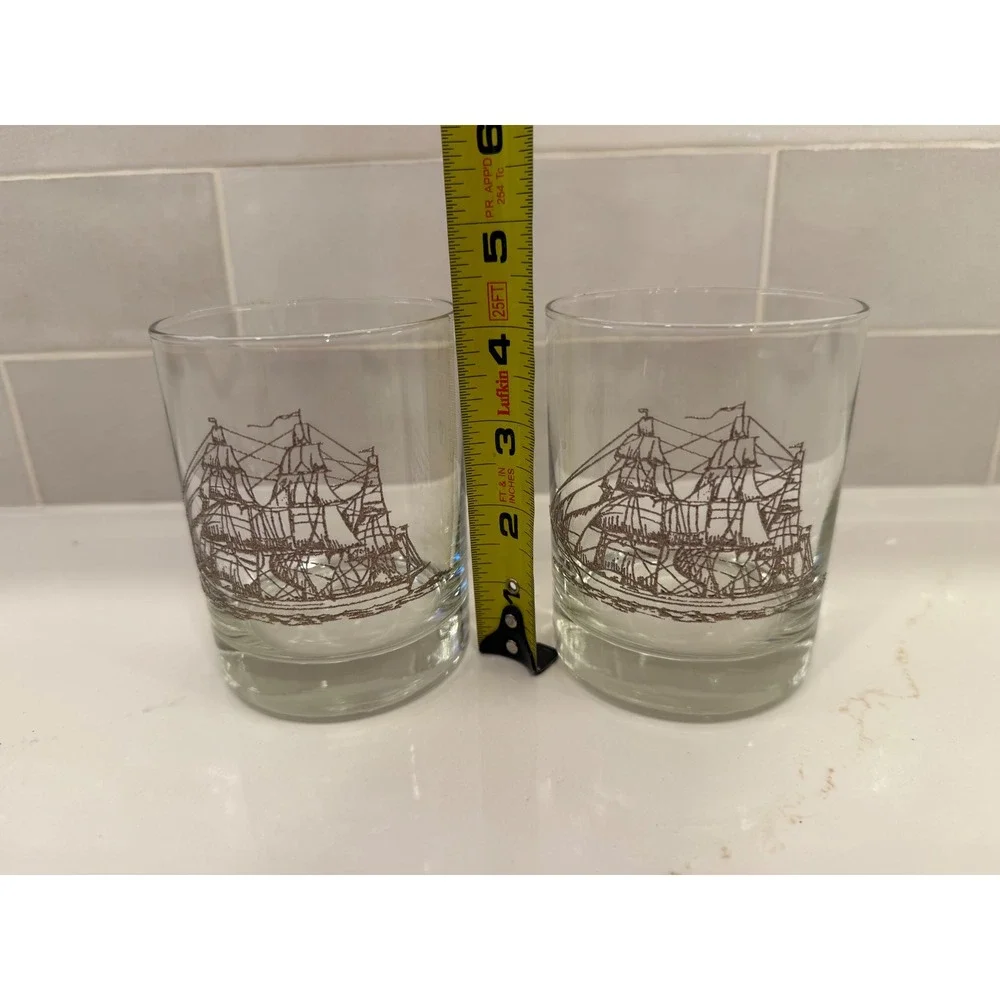 Vintage Ship Whiskey Glasses Set of 2 Brown Nautical Sailing Boat Rocks Tumblers